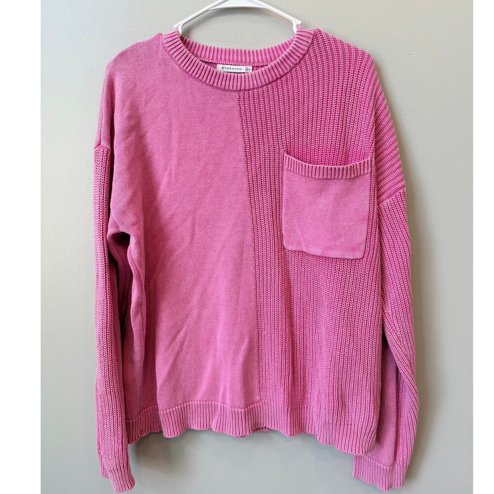 Staccato Pink Split Mixed Knit Sweater Women's Large Crewneck Pocket Pullover